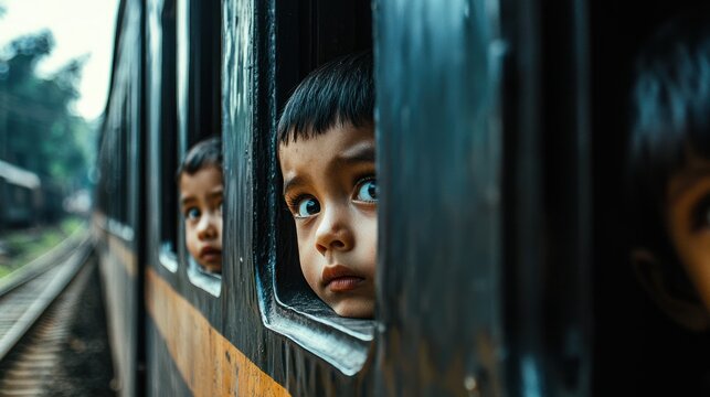 A close-up of orphan childrenâ€™s faces looking out of the train windows, on the way to a new home.