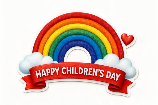Bright rainbow arch with a happy childrens day banner ribbon and red heart shapes isolated on a white background 