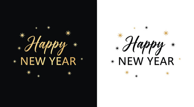 Happy new year text with golden stars and confetti on black and white backgrounds, elegant typography for festive celebration and greeting card design - Powered by Adobe