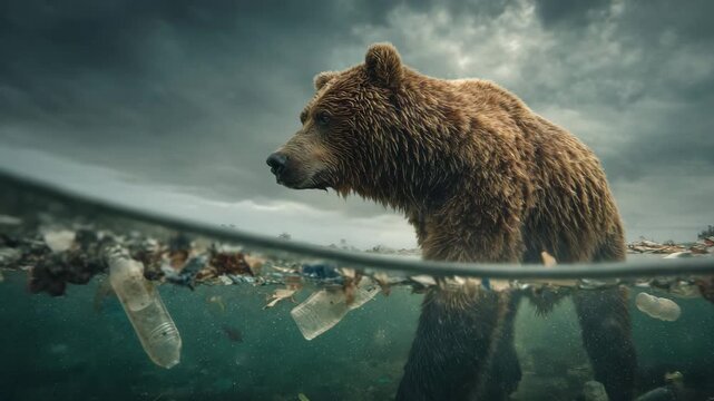 Brown Bear Standing in Polluted Water Filled with Plastic Waste