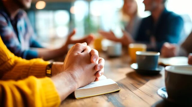 Hands clasped in prayer position around table with open books coffee cups visible support group meeting faces not shown faith community gathering mental health prayer support