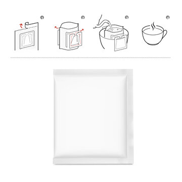 Drip coffee sachet bag  mockup with instruction set icons. Vector illustration isolated on white background. Ready for your design. EPS10