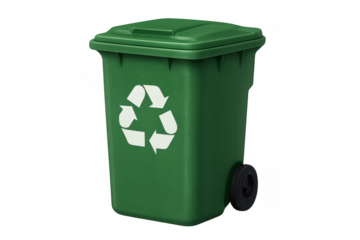 Green recycling bin with recycle arrow symbol on side, representing waste sorting and resource recovery, transparent background
