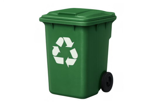 Green recycling bin with recycle arrow symbol on side, representing waste sorting and resource recovery, transparent background