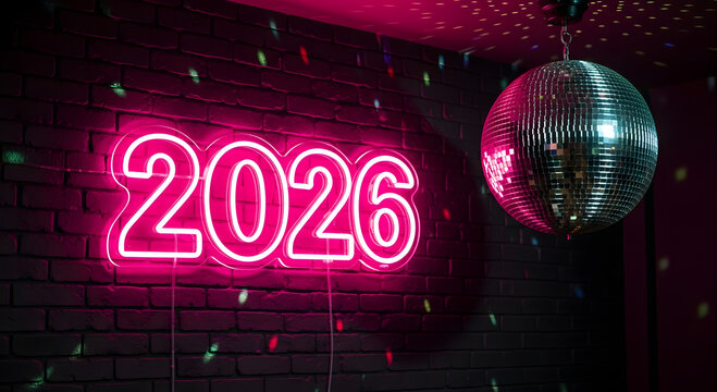 Pink Neon "2026" Sign with Disco Ball on Brick Wall.