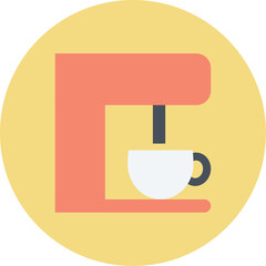 A simple illustration of a coffee maker with a cup on a yellow circle background with a transparent background