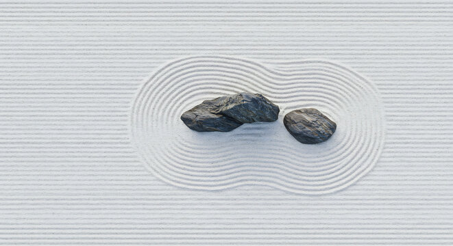 Serene top down view of a minimalist Japanese rock garden with dark stones resting on perfectly raked white sand patterns. AI Generated