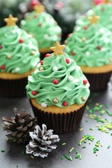 Christmas tree shaped cupcakes and festive decor on grey table, closeup