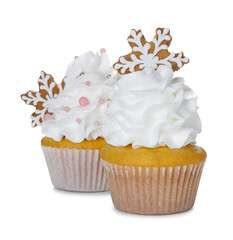 Tasty cupcakes with Christmas decor isolated on white