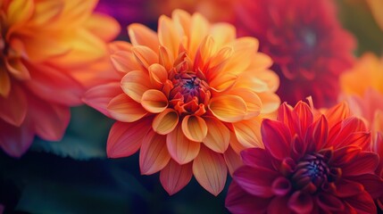 A close-up of vibrant flowers in full bloom, with detailed petals and bright colors.