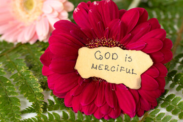 God is merciful, inspirational handwritten quote on rustic paper with flowers. Christian biblical concept of Jesus Christ's grace and love.