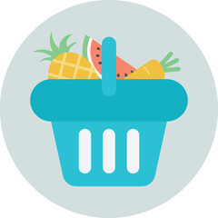 Blue Shopping Basket Filled With Colorful Fresh Fruits And Vegetables On A Light Gray Circle...