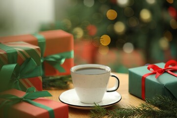 Aromatic coffee in cup, fir tree branches and gift boxes on wooden table against blurred lights, closeup. Christmas greeting card