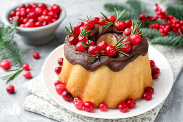 Delicious Christmas cake with chocolate glaze, cranberries and rosemary on light grey textured table, closeup