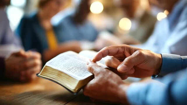 Close up of multiple hands holding open Bible together in center fingers pointing at scripture faces defocused in background group Bible study prayer support spiritual