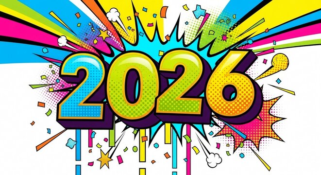 Bold, comicstyle text 2026 bursting with colorful rays and confetti, representing a vibrant and energetic start to the new year