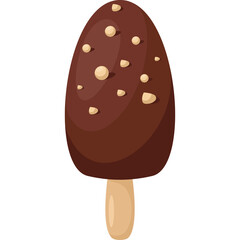 Chocolate Covered Ice Cream Bar with Nuts on a Wooden Stick Isolated on a Transparent Background