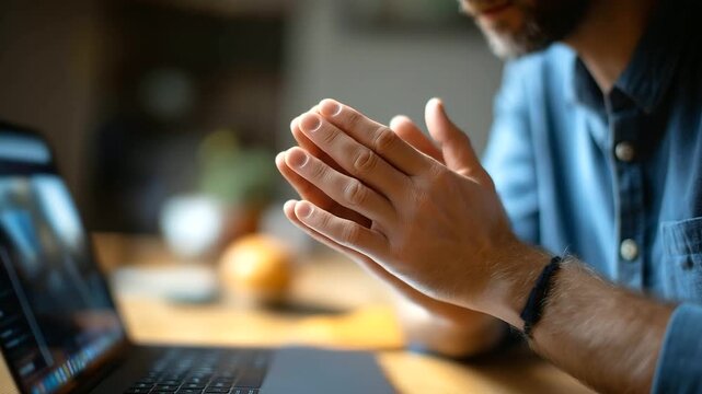 Hands typing prayer requests on laptop online forum visible face obscured virtual mental wellness support digital prayer chain internet faith community with copy space