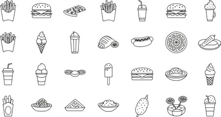 Vector illustration of outline icons of various fast food items and desserts on