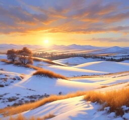 Obraz premium Golden sunset over snow-covered rolling hills, long shadows