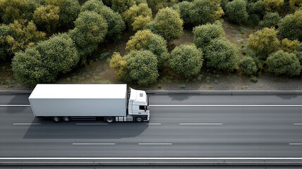White cargo truck driving on empty highway beside green forest, aerial view, transportation and logistics concept