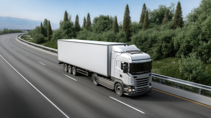 White cargo truck driving on empty highway, surrounded by green forest and clear sky, transportation and logistics concept