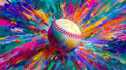 A colorful baseball at the center of an explosion of paint splashes
