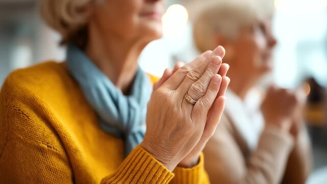 Senior women's hands holding hands in prayer circle wedding rings visible faces not shown elderly mental support widows' ministry mature faith community retirement home chape