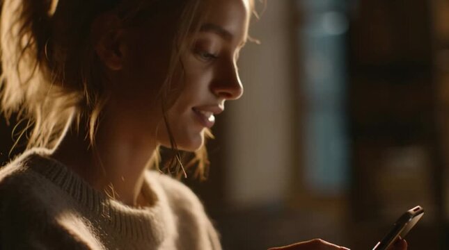 Cinematic close up Girl scrolling pages in mobile app on cell phone device. Browsing movie video on internet library to watch film online. Slow motion woman fingers touching modern smartphone screen