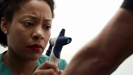 Medical professional examining skin of a patient using a specialized medical device