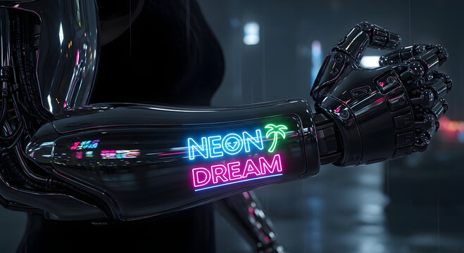 Glossy Black Robotic Arm with "Neon Dream" Display.