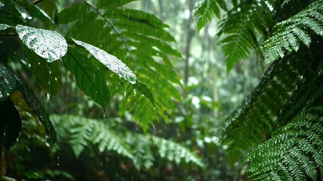 Heavy rain falls in a lush tropical rainforest. The camera focuses on vibrant green fern fronds and jungle leaves, wet and dripping with raindrops, creating a serene, natural scene.