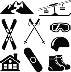 Obraz premium Skiing and snowboarding equipment and mountain icons