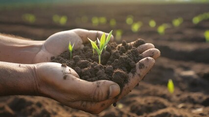 A farmer's caring hands gently hold a young green seedling growing in rich, fertile soil.