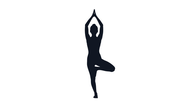 Silhouette of a woman performing a yoga tree pose with arms raised overhead in a balanced stance