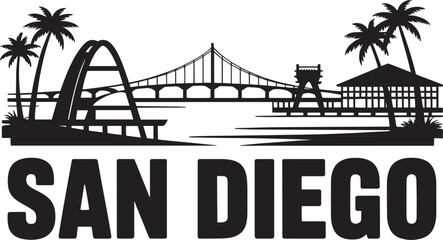 San diego california black skyline silhouette featuring harbor arched bridge palms pier and waterside gazebo vector.