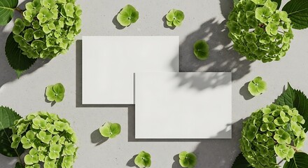 White blank cards mockup with green hydrangea flowers on concrete