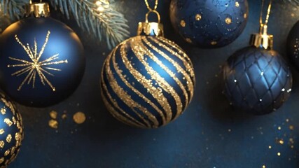 Elegant blue and gold holiday ornaments hanging from a fir branch against a dark background - Powered by Adobe