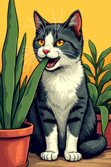 Cat chewing on houseplant leaf with vibrant colors and pots