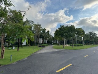 Straight Asphalt Road with Yellow Broken Markings, Running Through a Tropical Landscape of Palm Trees on Phu Quoc Island, Vietnam. 