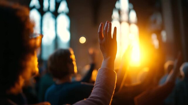 Congregation silhouettes with raised hands backlit by church windows faces completely obscured united worship mental health prayer support spiritual healing service dramatic - Powered by Adobe