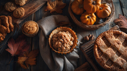 Fototapeta premium An overhead shot of an arrangement of autumn baked goods and pumpkins on wood planks