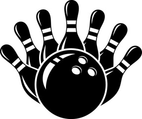 Bowling Ball and Pins Silhouette, Black and white silhouette of a bowling ball and pins