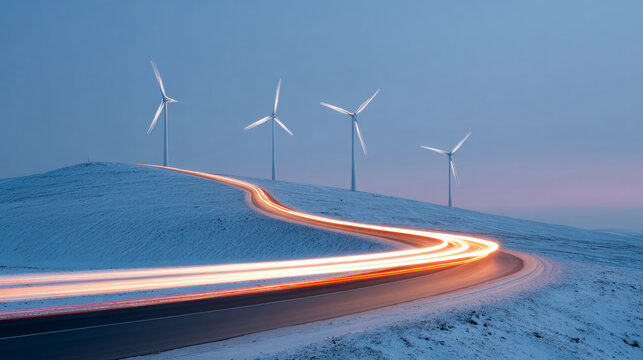 A winding road with a car's lights streaking behind it, and wind turbines on top of snow-covered hills in the background at dusk or dawn - Powered by Adobe