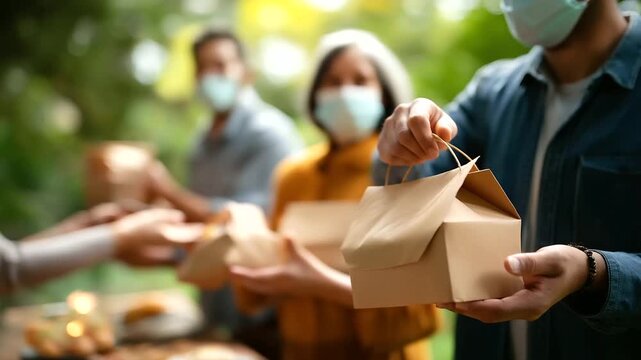 Hands distributing food packages at community outreach volunteer service faces obscured by angle charitable giving mental health support initiative helping those in need