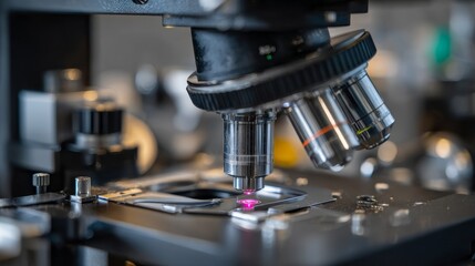 Close-up of a scientific microscope's lenses focusing on a slide, a tiny glowing light visible