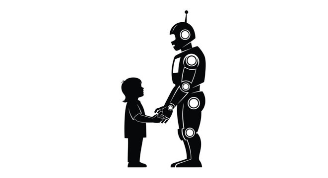 A child and a futuristic robot holding hands in a symbolic gesture of connection and future companionship