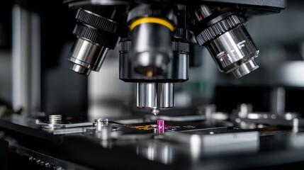 Close-up of a scientific microscope with multiple lenses focused on a tiny, colorful object on a black stage
