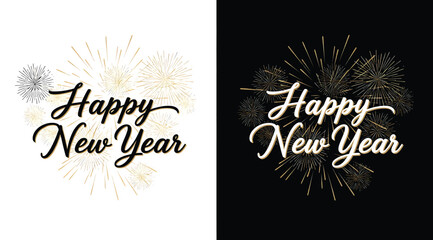 Happy new year text with fireworks on white and black backgrounds, celebrating the start of a new year with festive explosions and celebratory greetings
