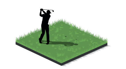Golf silhouette on isometric grass platform with shadow detail